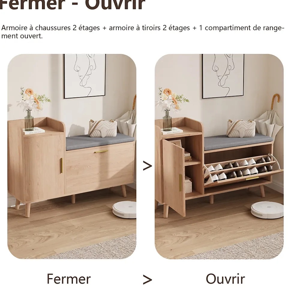 Banc à chaussures en bois avec coussin gris, Rangement pliable 34 cm, assise amovible et étagères réglables