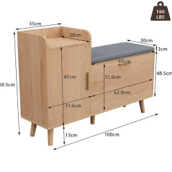 Banc à chaussures en bois avec coussin gris, Rangement pliable 34 cm, assise amovible et étagères réglables