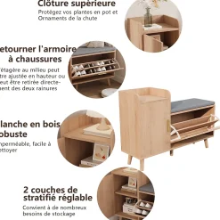 Banc à chaussures en bois avec coussin gris, Rangement pliable 34 cm, assise amovible et étagères réglables