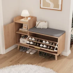 Banc à chaussures en bois avec coussin gris, Rangement pliable 34 cm, assise amovible et étagères réglables