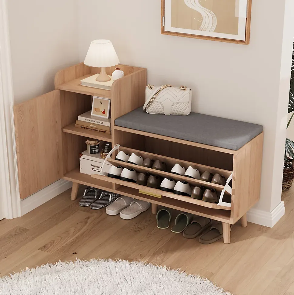 Banc à chaussures en bois avec coussin gris, Rangement pliable 34 cm, assise amovible et étagères réglables