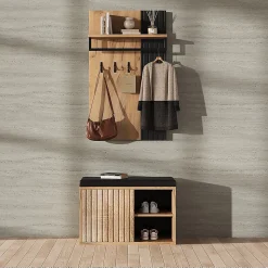 Banc à chaussures, meuble d'entrée, armoire à chaussures à 2 portes, 70x36x146cm, noir et naturel