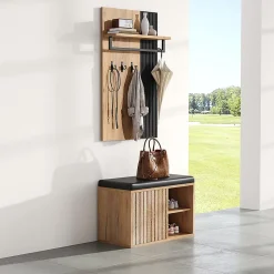 Banc à chaussures, meuble d'entrée, armoire à chaussures à 2 portes, 70x36x146cm, noir et naturel