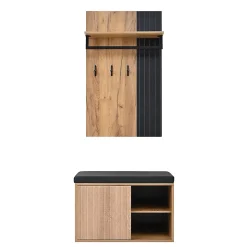 Banc à chaussures, meuble d'entrée, armoire à chaussures à 2 portes, 70x36x146cm, noir et naturel