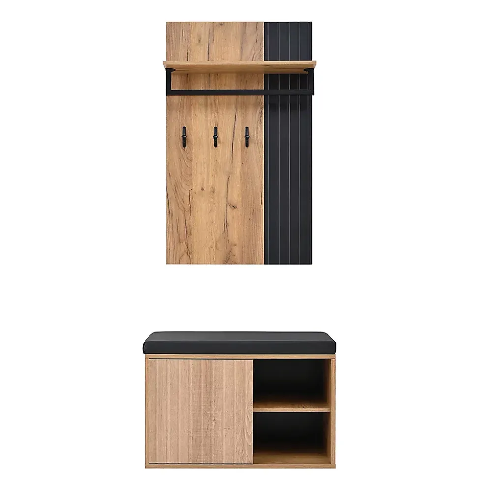 Banc à chaussures, meuble d'entrée, armoire à chaussures à 2 portes, 70x36x146cm, noir et naturel