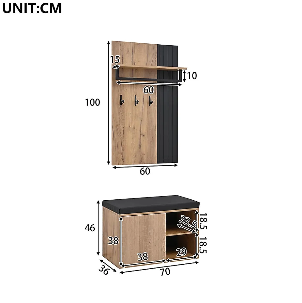 Banc à chaussures, meuble d'entrée, armoire à chaussures à 2 portes, 70x36x146cm, noir et naturel