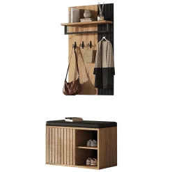 Banc à chaussures, meuble d'entrée, armoire à chaussures à 2 portes, 70x36x146cm, noir et naturel