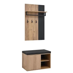 Banc à chaussures, meuble d'entrée, armoire à chaussures à 2 portes, 70x36x146cm, noir et naturel