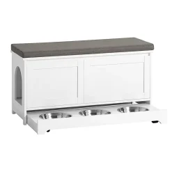 Banc à Chaussures Meuble Litière Chat, 2 Portes, 3 Bols Intégrés, Coussin, FSR136-W, SoBuy