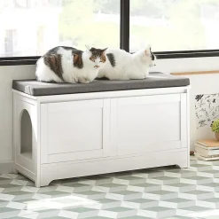 Banc à Chaussures Meuble Litière Chat, 2 Portes, 3 Bols Intégrés, Coussin, FSR136-W, SoBuy