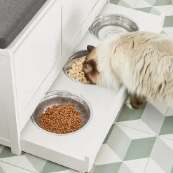 Banc à Chaussures Meuble Litière Chat, 2 Portes, 3 Bols Intégrés, Coussin, FSR136-W, SoBuy