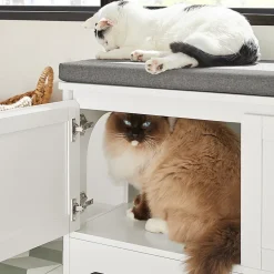 Banc à Chaussures Meuble Litière Chat, 2 Portes, 3 Bols Intégrés, Coussin, FSR136-W, SoBuy