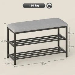 Banc à Chaussures Noir - Meuble d'entrée avec Assise Rembourrée et 2 Compartiments, Métal et Tissu, 81x31x50 cm
