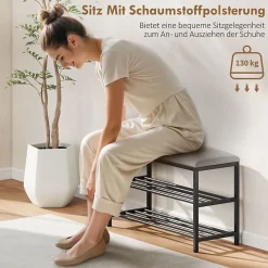 Banc à Chaussures Noir - Meuble d'entrée avec Assise Rembourrée et 2 Compartiments, Métal et Tissu, 81x31x50 cm