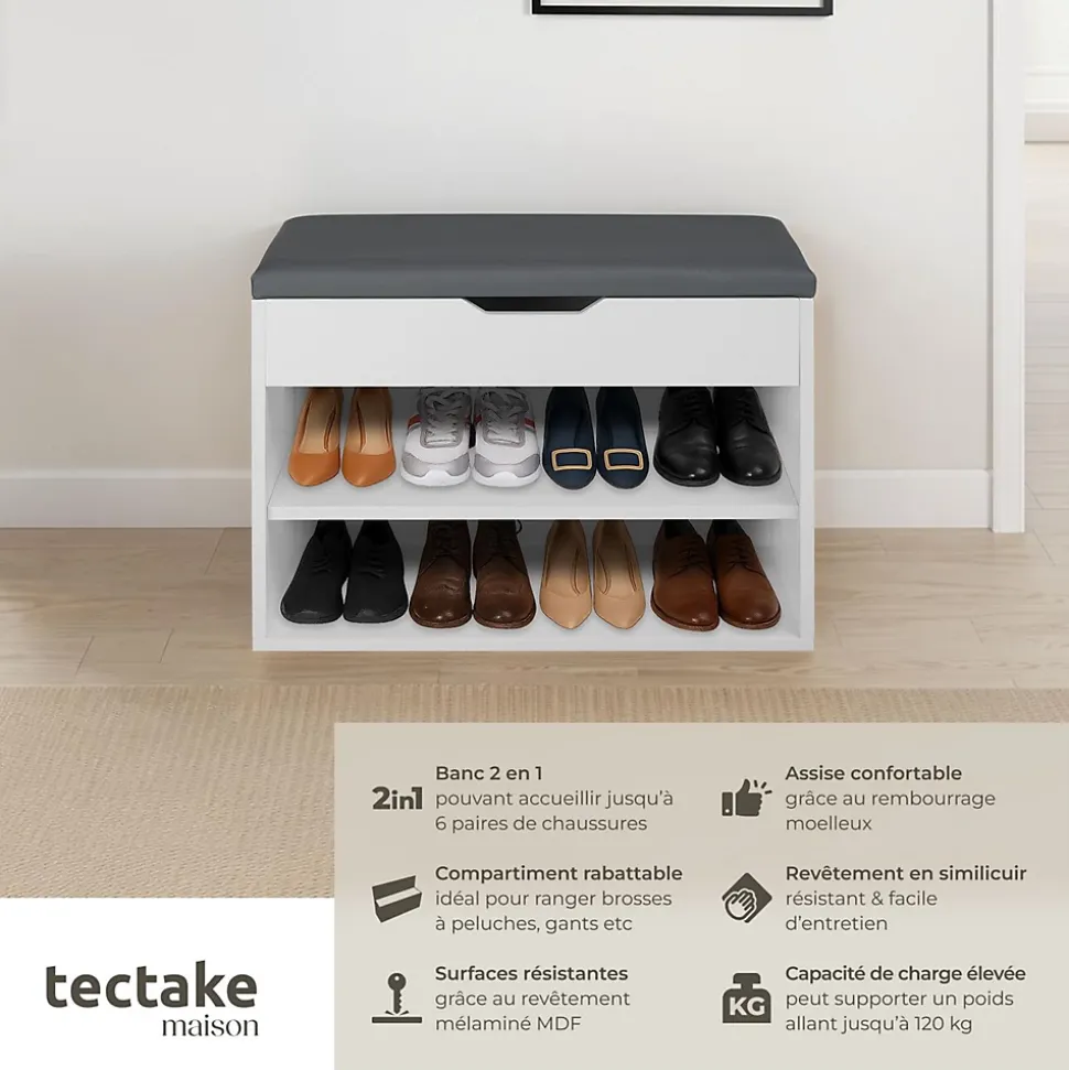 Banc à chaussures Pour 6 paires avec Assise rembourrée blanc