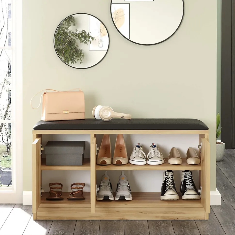 Banc à chaussures Salasal 46x89,5x35,5 Panneau de particules Simili-cuir Chêne clair Gris Foncé Moderne
