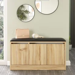 Banc à chaussures Salasal 46x89,5x35,5 Panneau de particules Simili-cuir Chêne clair Gris Foncé Moderne
