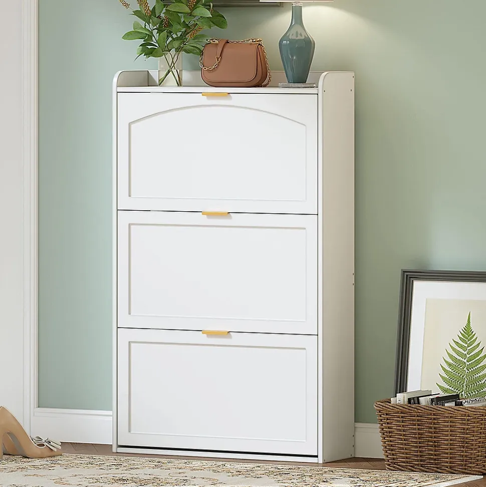Banc à chaussures étroit avec 3 volets, armoire à chaussures, commode à chaussures,76x23x118cm,blanc