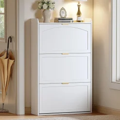 Banc à chaussures étroit avec 3 volets, armoire à chaussures, commode à chaussures,76x23x118cm,blanc