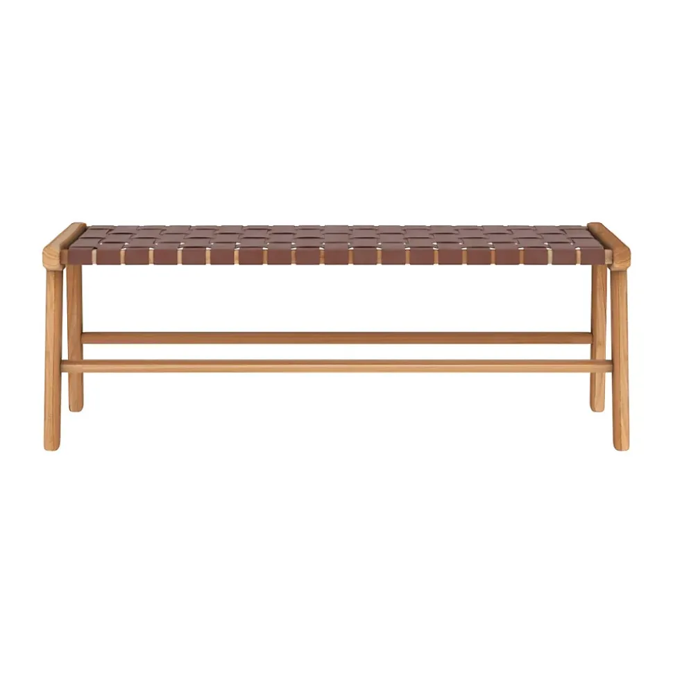 Banc 120 cm en cuir tressé marron et bois de teck - Kuna