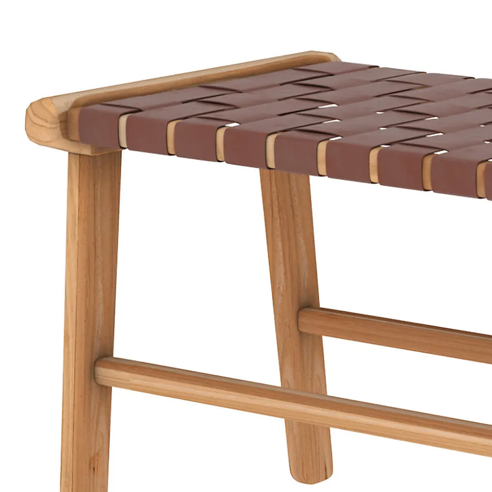 Banc 120 cm en cuir tressé marron et bois de teck - Kuna