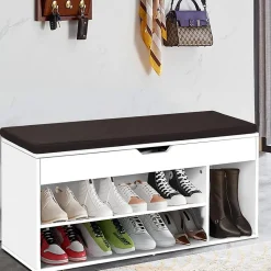 Banc a Chaussures avec Coussin Meuble a Chaussure Multifonctionnel en Bois Commode a Chaussures pour Entree