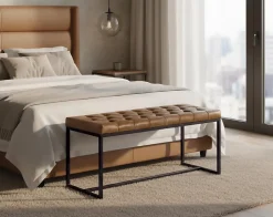 Banc avec assise rembourrée en cuir et pieds en fer