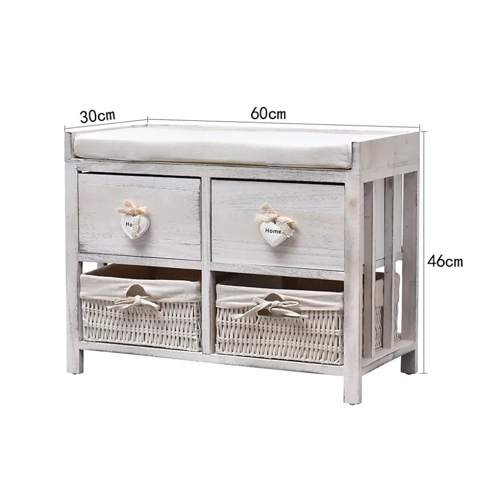 Banc Banquette Assise 2 Tiroirs Bois Blanc Shabby 46x60x30