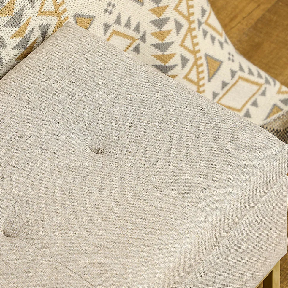 Banc banquette coffre de rangement 2 en 1 piètement acier doré assise capitonnée tissu beige