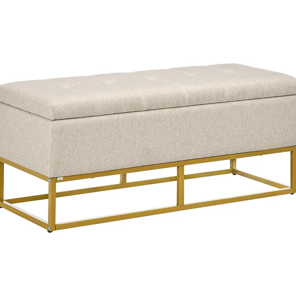 Banc banquette coffre de rangement 2 en 1 piètement acier doré assise capitonnée tissu beige
