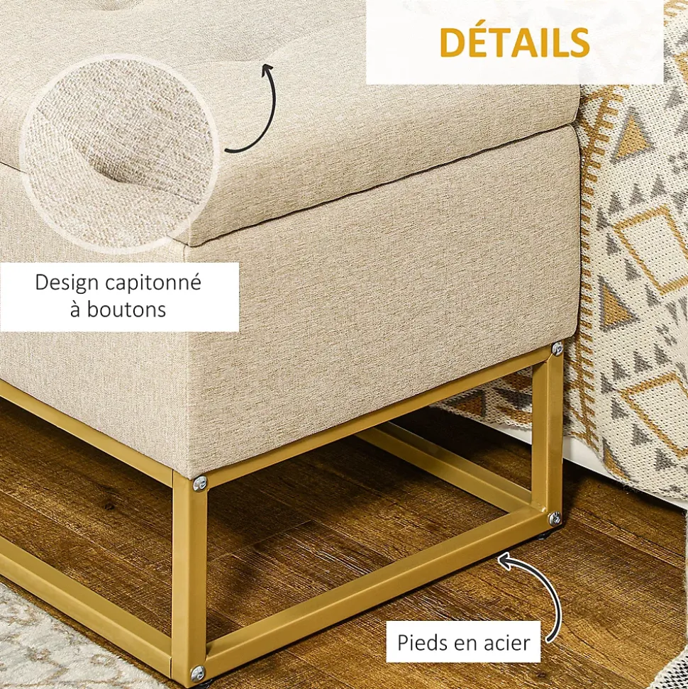 Banc banquette coffre de rangement 2 en 1 piètement acier doré assise capitonnée tissu beige