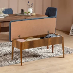 Banc Barthelemy, Banc polyvalent, Sièges pour les invités, Coffre multifonctionnel, 110x40 h48 cm, Noyer et bleu