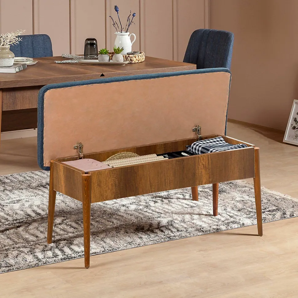 Banc Barthelemy, Banc polyvalent, Sièges pour les invités, Coffre multifonctionnel, 110x40 h48 cm, Noyer et bleu