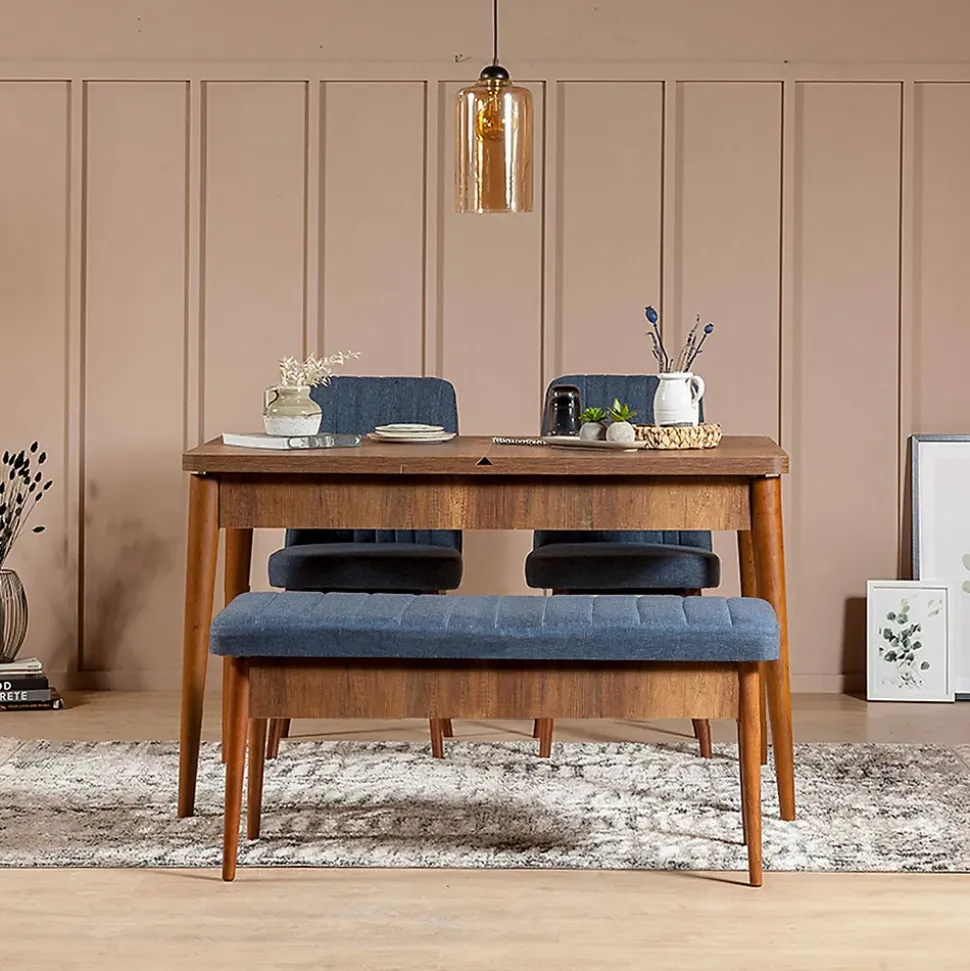 Banc Barthelemy, Banc polyvalent, Sièges pour les invités, Coffre multifonctionnel, 110x40 h48 cm, Noyer et bleu