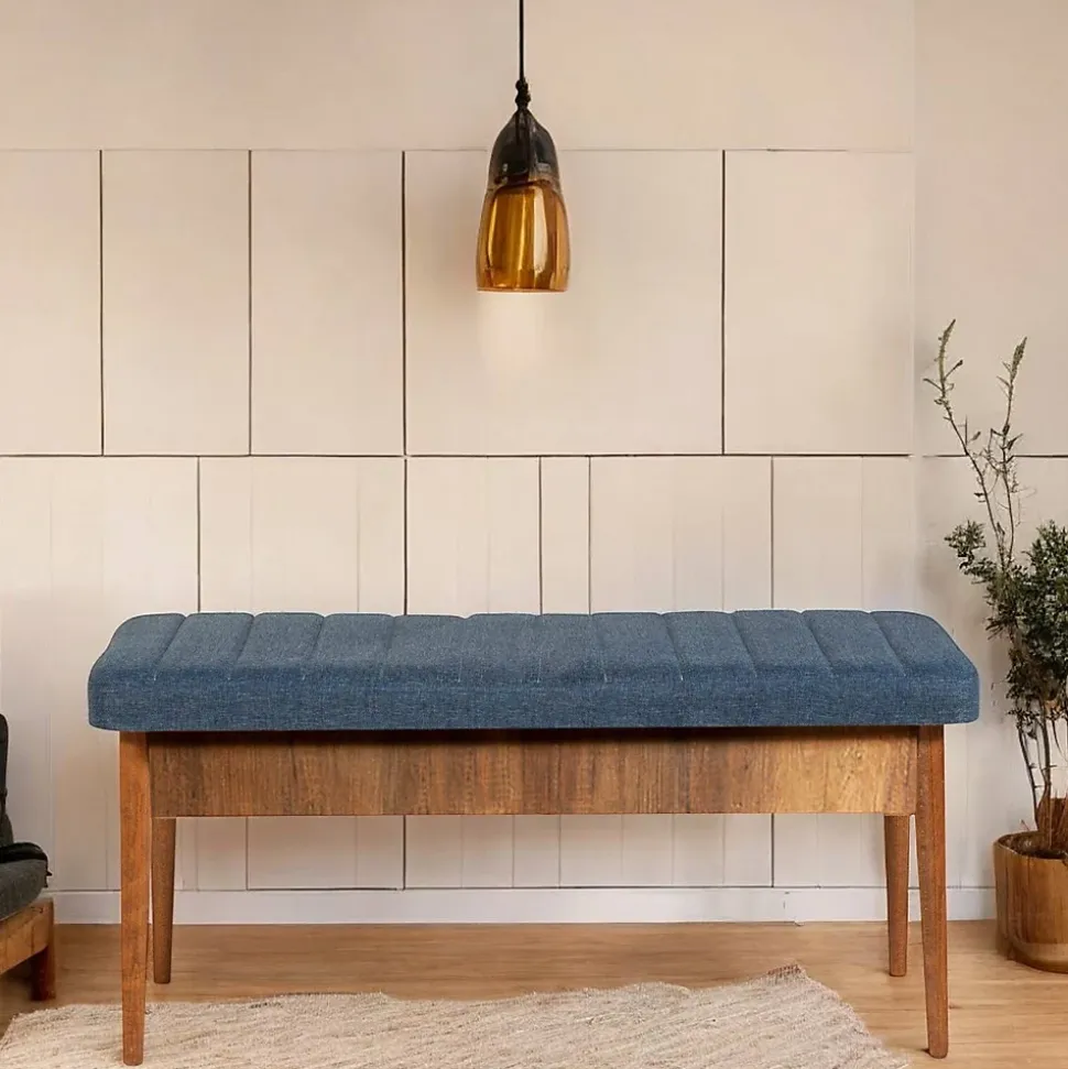 Banc Barthelemy, Banc polyvalent, Sièges pour les invités, Coffre multifonctionnel, 110x40 h48 cm, Noyer et bleu