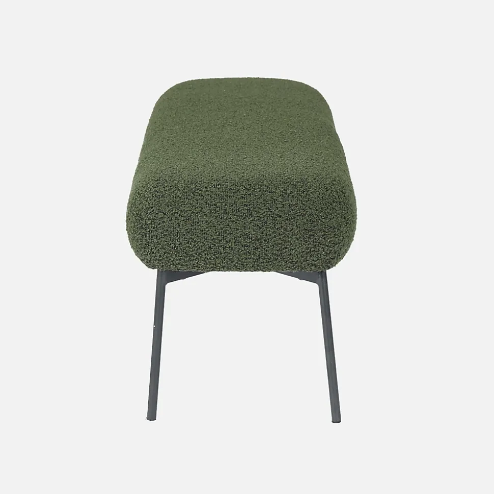Banc. bout de lit avec revêtement bouclette texturée. kaki. pieds en métal noir. L 120 x P 41 x H 42.5cm