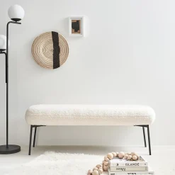 Banc. bout de lit avec revêtement bouclette. écru. pieds en métal noir. L 120 x P 41 x H 42.5cm
