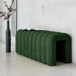 Banc. bout de lit contemporain en tissu vert foncé