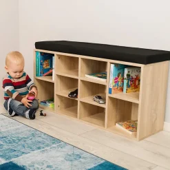 Banc Chaussures Meuble Rangement Bois Entrée + Coussin