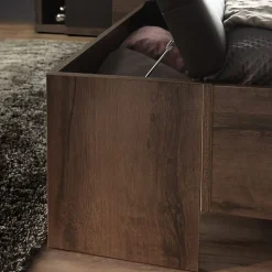 Banc coffre 165 cm décor chêne foncé assise capitonnée noir - RIVIERA