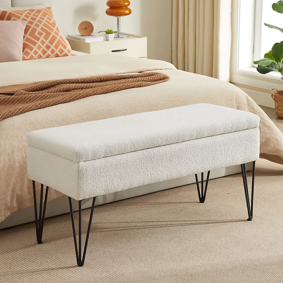 Banc coffre ALIX tissu bouclette blanc