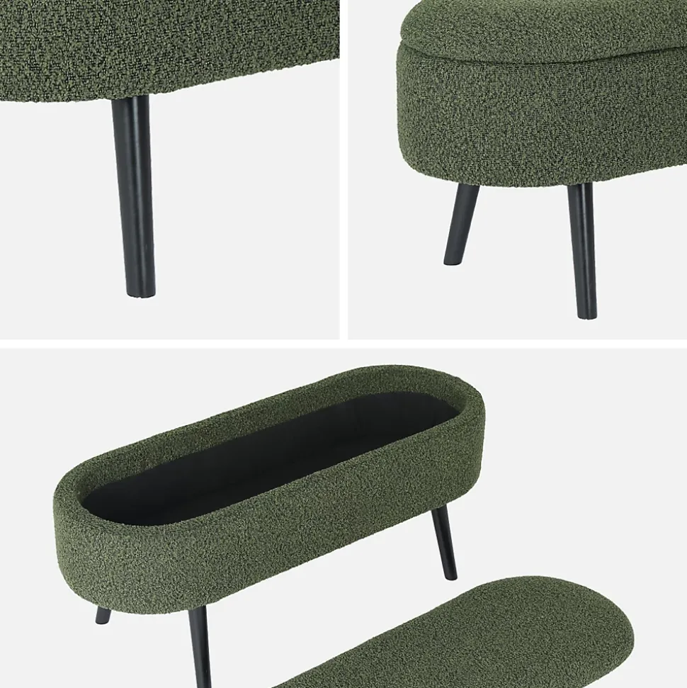 Banc coffre. bout de lit avec revêtement bouclette texturée. kaki. pieds en bois noir. L 112 x 44 x 50cm