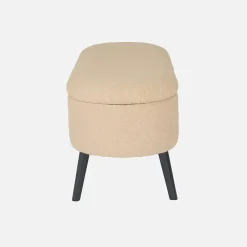 Banc coffre. bout de lit avec revêtement bouclette texturée. beige. pieds en bois noir. L 112 x 44 x 50cm