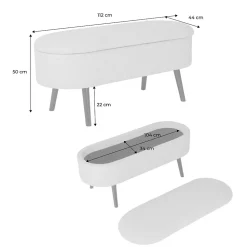 Banc coffre. bout de lit avec revêtement bouclette texturée. beige. pieds en bois noir. L 112 x 44 x 50cm