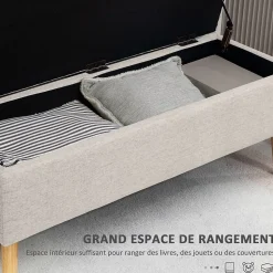 Banc coffre de rangement style scandinave piètement éffilé incliné bois hévéa tissu beige