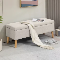 Banc coffre de rangement style scandinave piètement éffilé incliné bois hévéa tissu beige