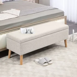 Banc coffre de rangement style scandinave piètement éffilé incliné bois hévéa tissu beige