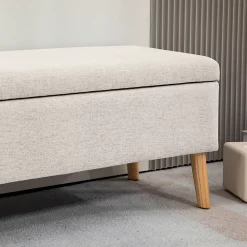 Banc coffre de rangement style scandinave piètement éffilé incliné bois hévéa tissu beige