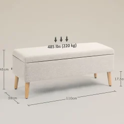 Banc coffre de rangement style scandinave piètement éffilé incliné bois hévéa tissu beige