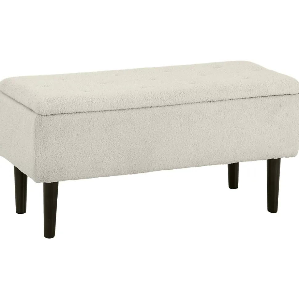Banc coffre de rangement 2 en 1 dim. 95L x 38l x 45H cm piètement bois noir tissu blanc cassé